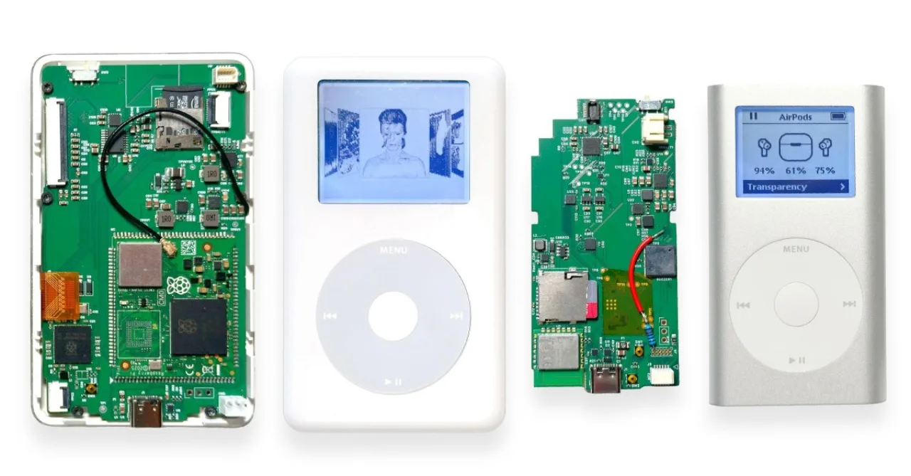 iPod clássico aberto exibindo a nova placa Sprout Pi com conector USB‑C, módulo Bluetooth e slot microSD