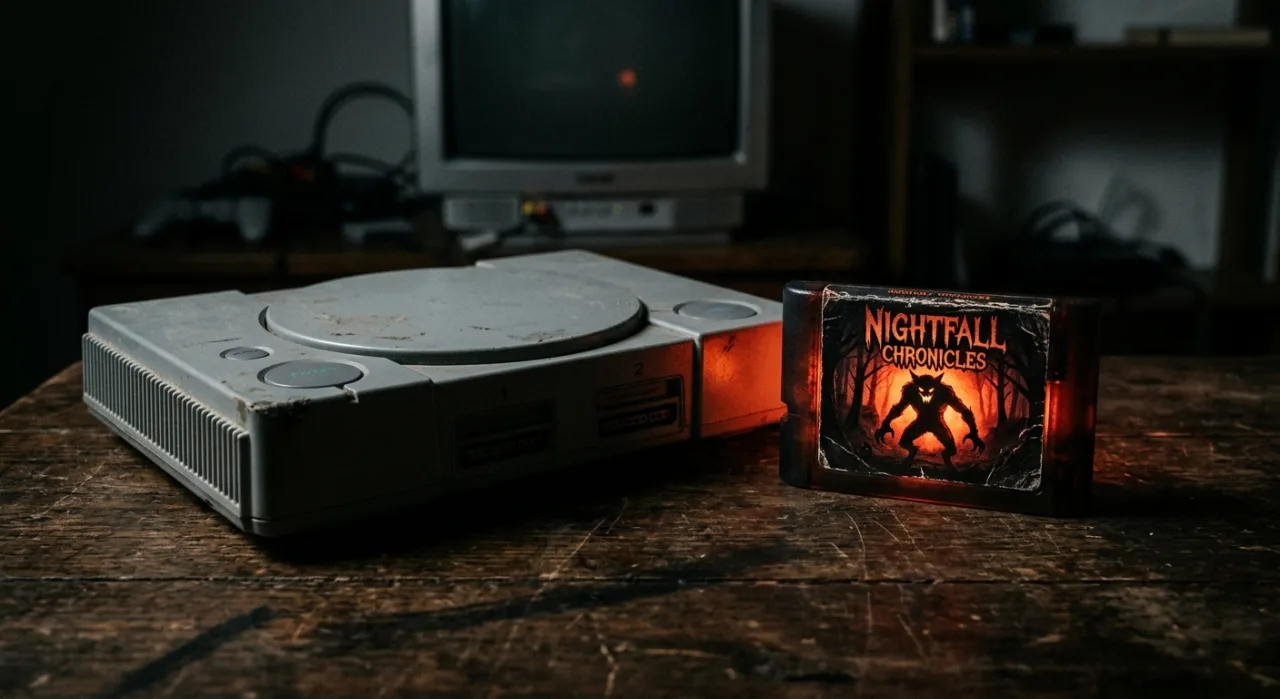 Capa sombria de Ningyo no Rakuin com boneca assustadora, logo da PS1 e abóbora de Halloween ao fundo