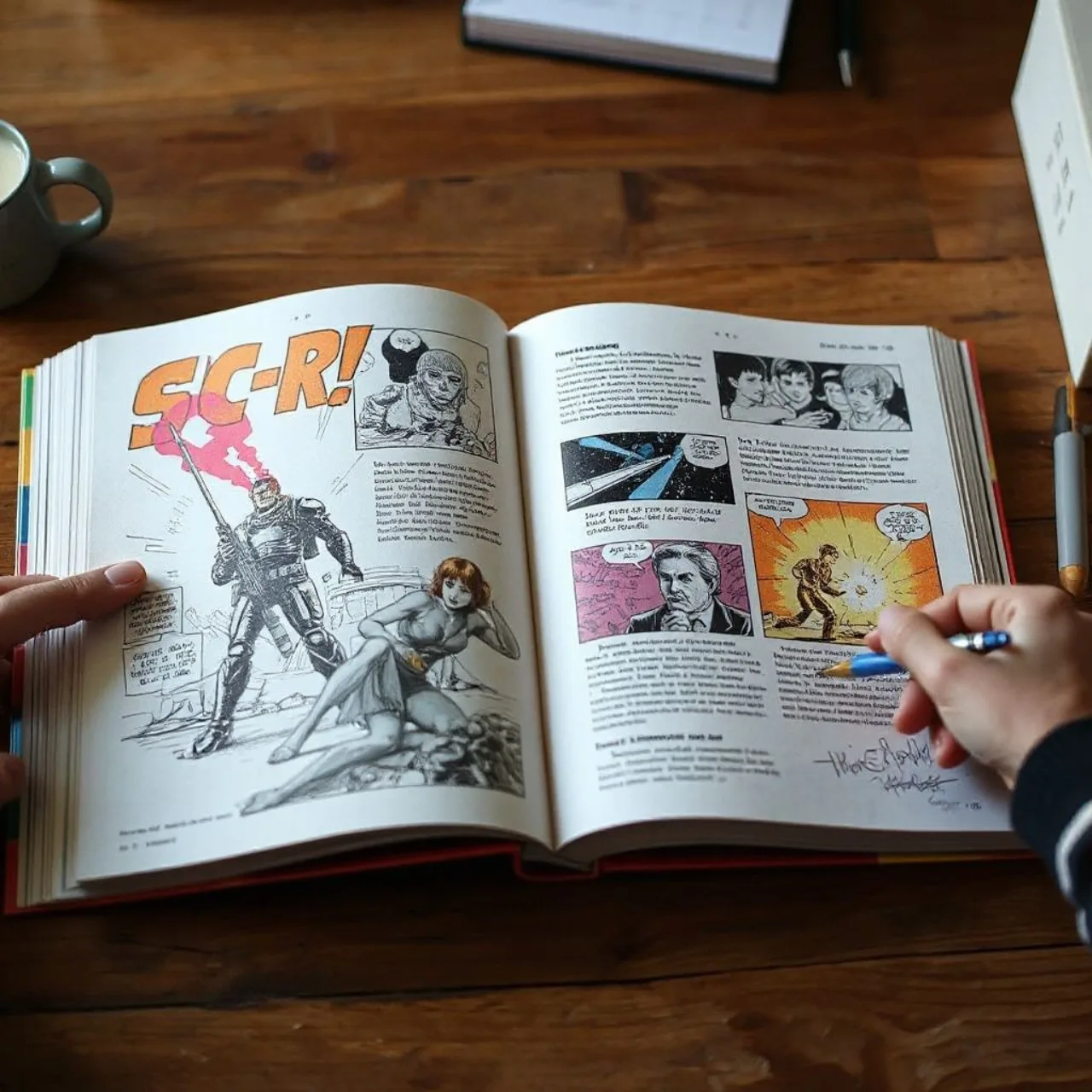 Alana, Marko e Hazel lado a lado, arte de Fiona Staples, com o logotipo de Saga ao fundo