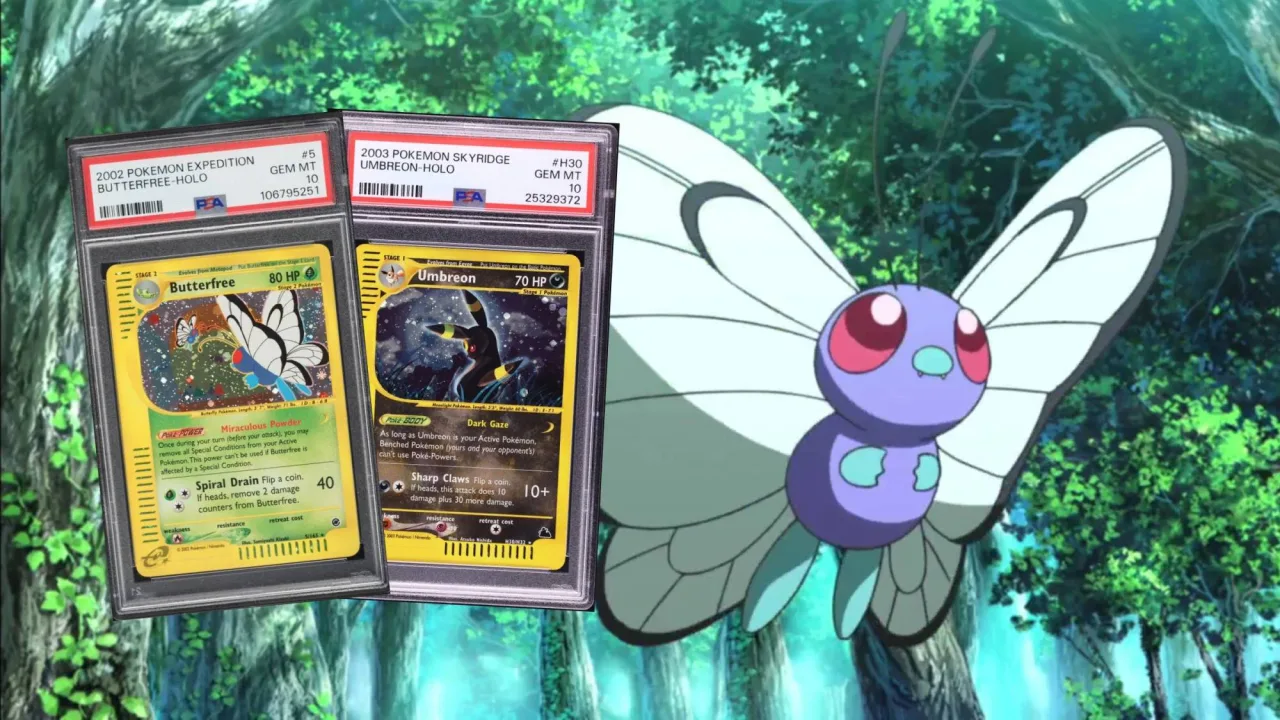 Cartas holográficas e‑Reader do Pokémon TCG em destaque, ao lado do logotipo da franquia, sobre fundo escuro