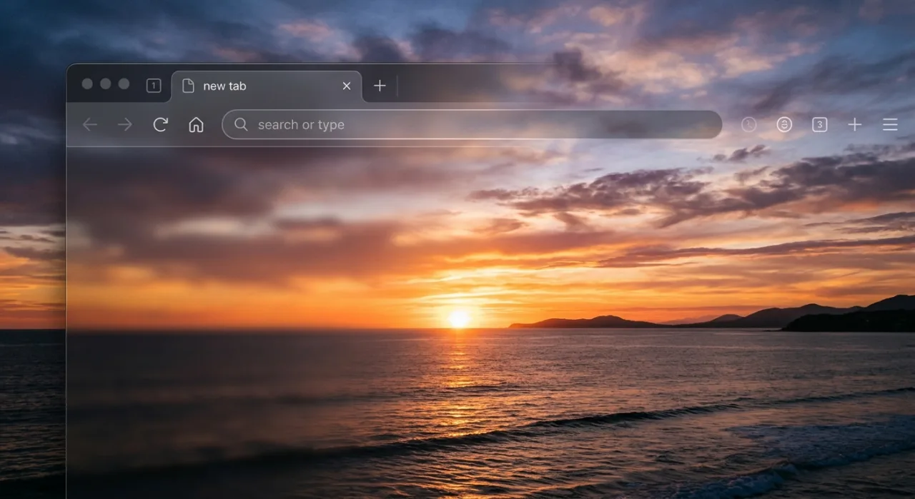 Tela de computador exibindo o logo do Arc Browser sobre fundo de pôr‑sol, ao lado do novo logotipo Dia da The Browser Company