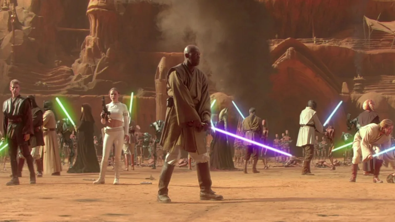 Jedi em pose de combate, segurando sabre de luz azul, enquanto faz prancha lateral sobre colchonete