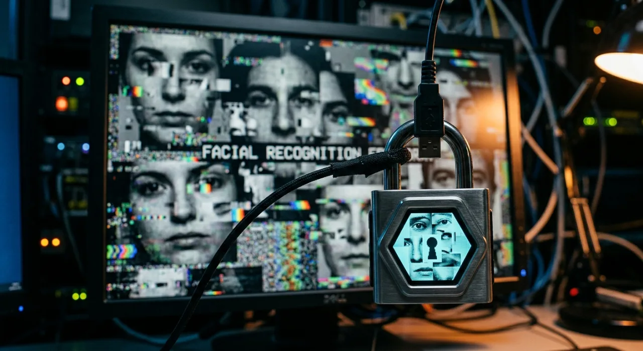 Pessoa segurando smartphone com rosto distorcido por glitch digital, simbolizando a manipulação de IA em redes sociais