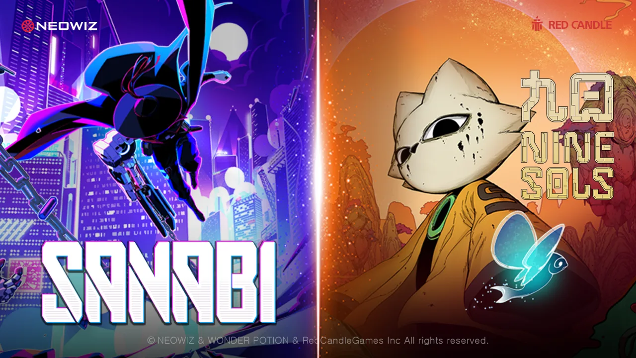 Um gamer de camiseta neon, com fone de ouvido, segurando um controle enquanto bebe um energético ao lado de um poster holográfico de “SANABI”