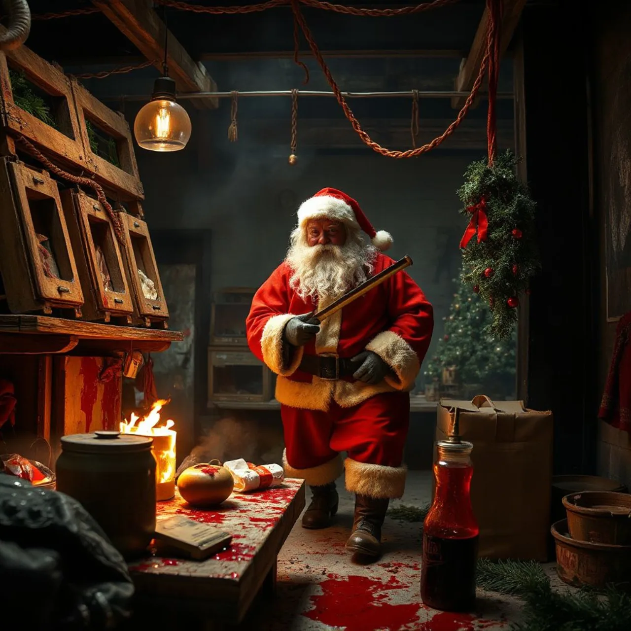 Spawn com chapéu de Papai Noel, cercado por sangue e enfeites natalinos, segurando sua corrente