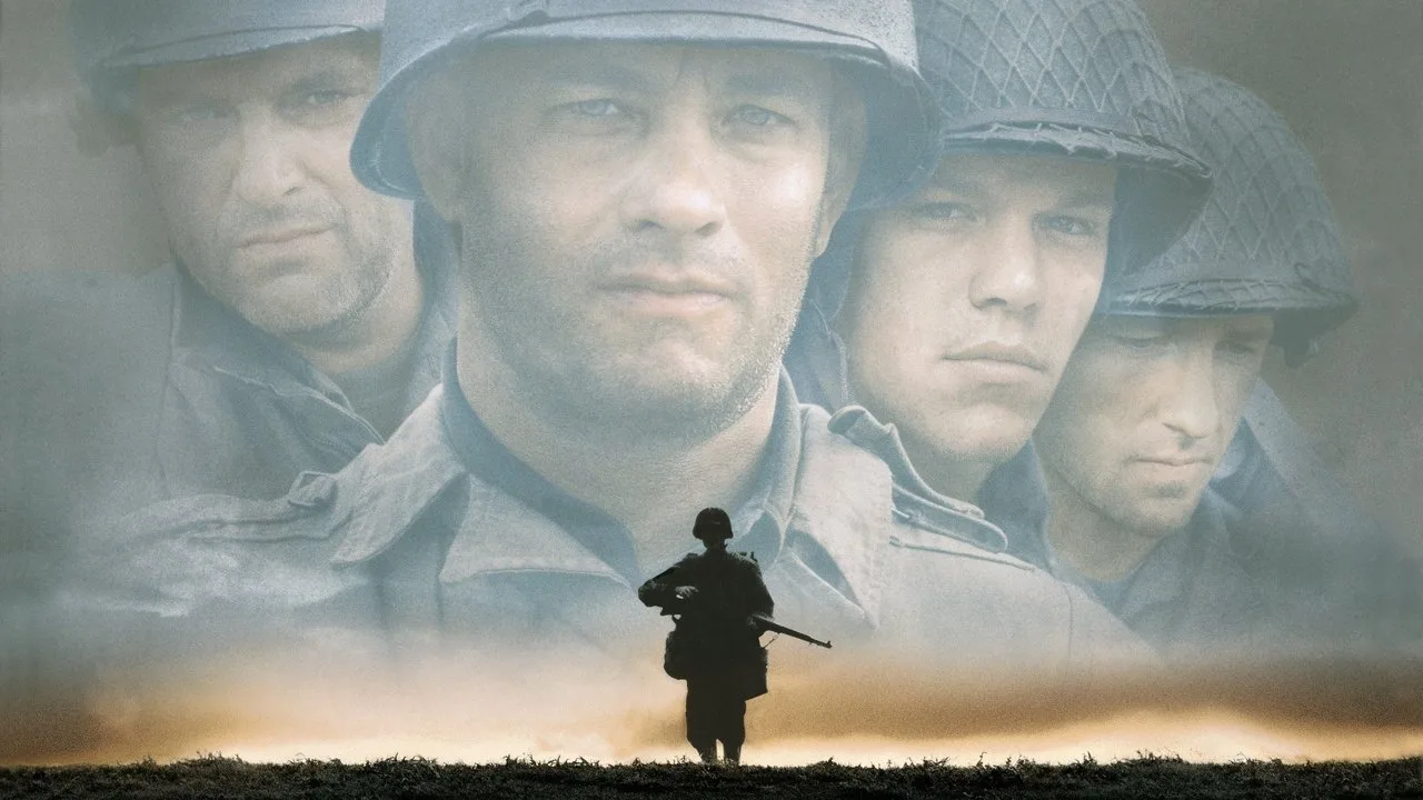 Homem correndo na esteira segurando um DVD de Saving Private Ryan ao lado de halteres