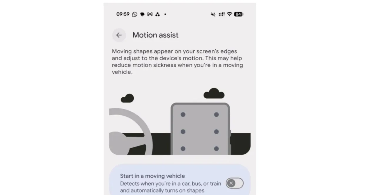 Jovem sentado no banco do carro, segurando o smartphone com a tela do Motion Assist aberta, usando fones e bebendo água