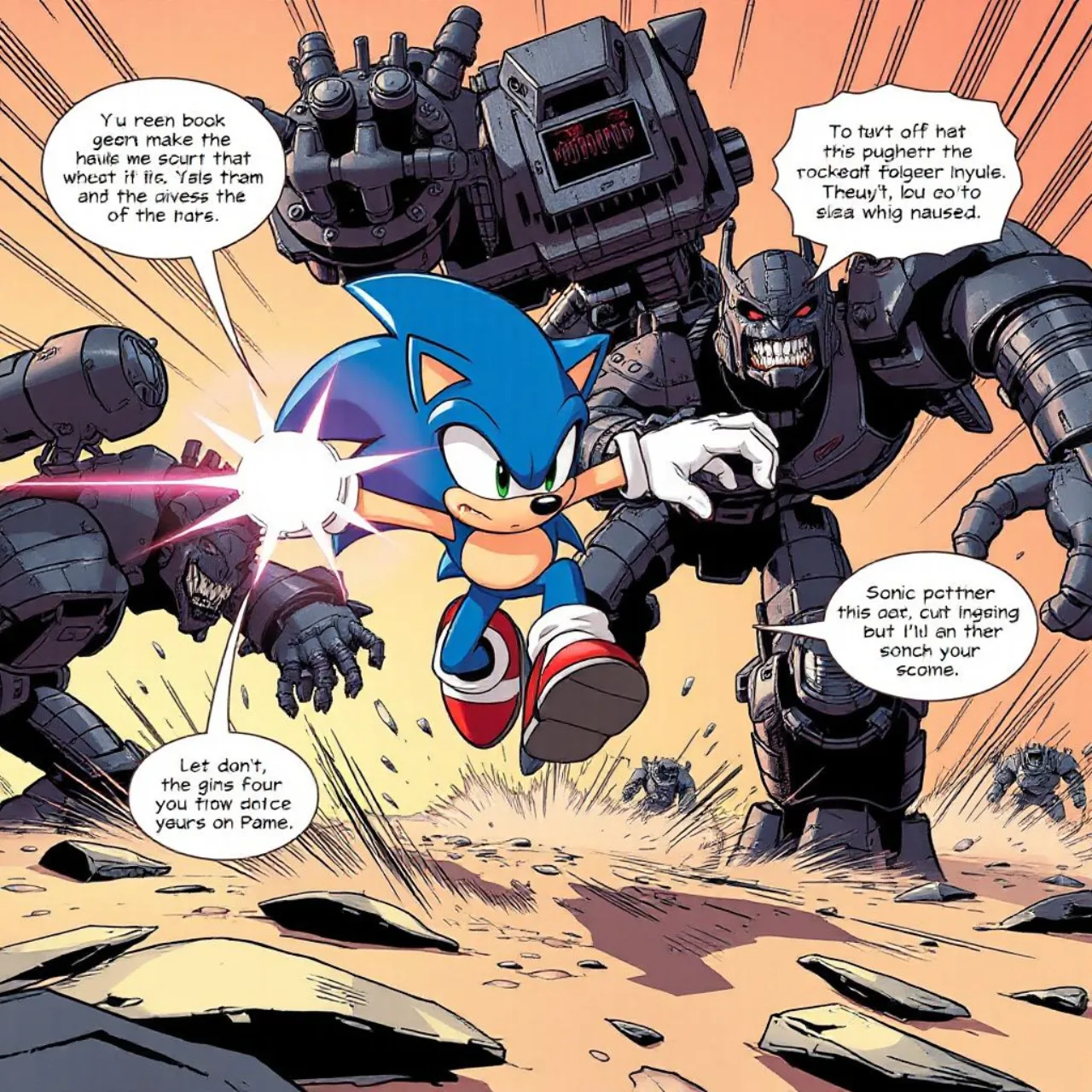 Lew Stringer segurando um exemplar de Sonic The Comic, ao fundo o logotipo azul do Sonic e ilustrações de badniks