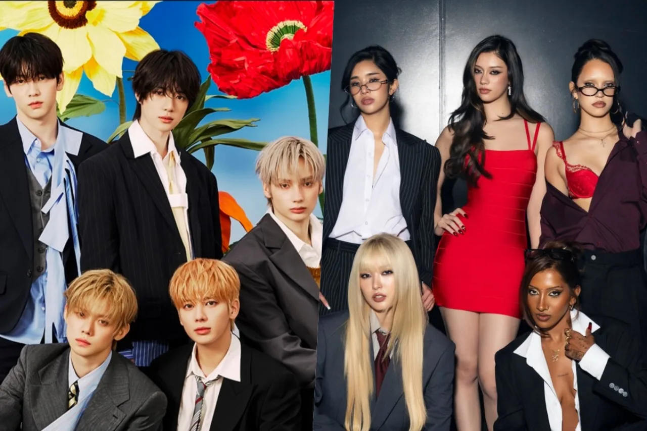 Membros de TXT e KATSEYE sob luzes neon ao lado do logo Jingle Ball, com fundo de arranha‑céus de Nova Iorque