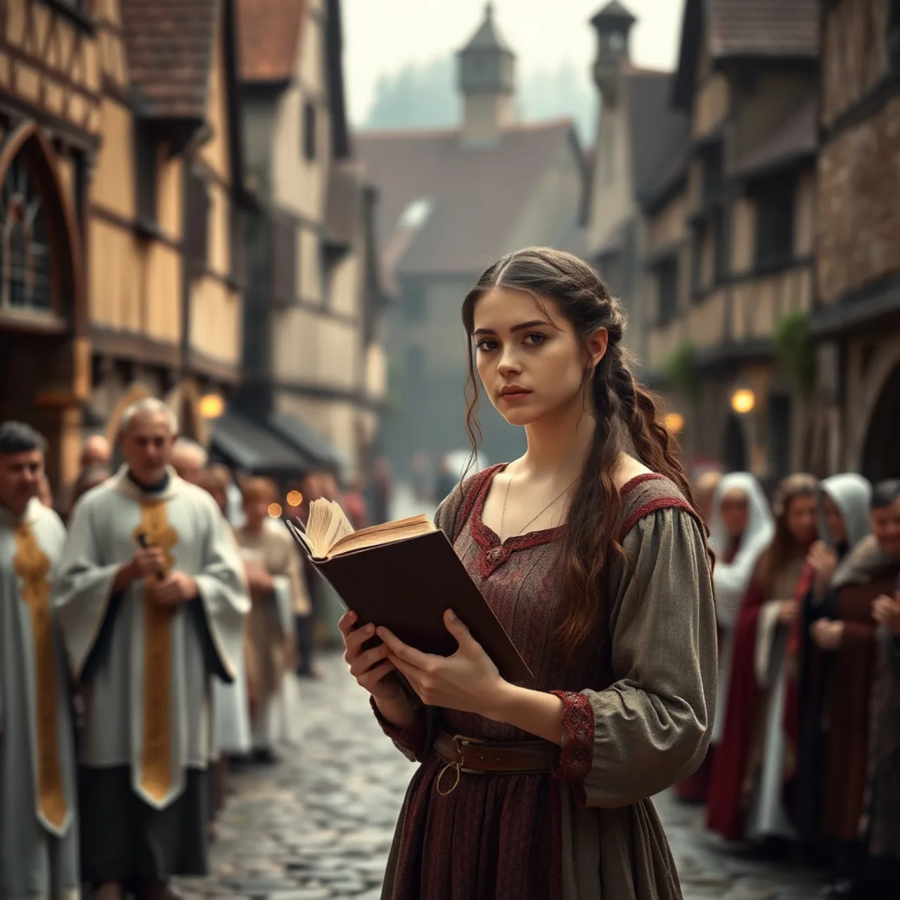 Uma mulher em traje de negócios segurando uma balança de justiça enquanto faz agachamento com halteres