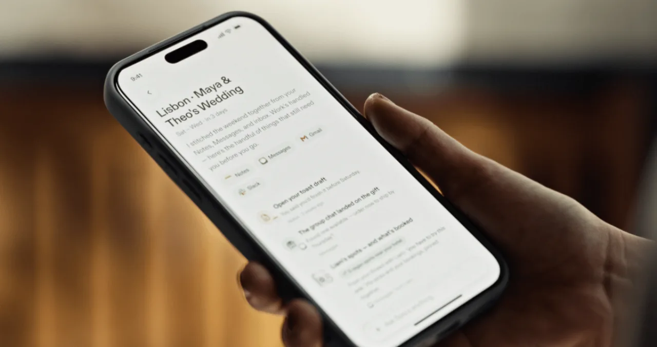 Logo da Snap ao lado de um iPhone e um MacBook exibindo a interface do Specs Intelligence, com ícones de IA e agenda