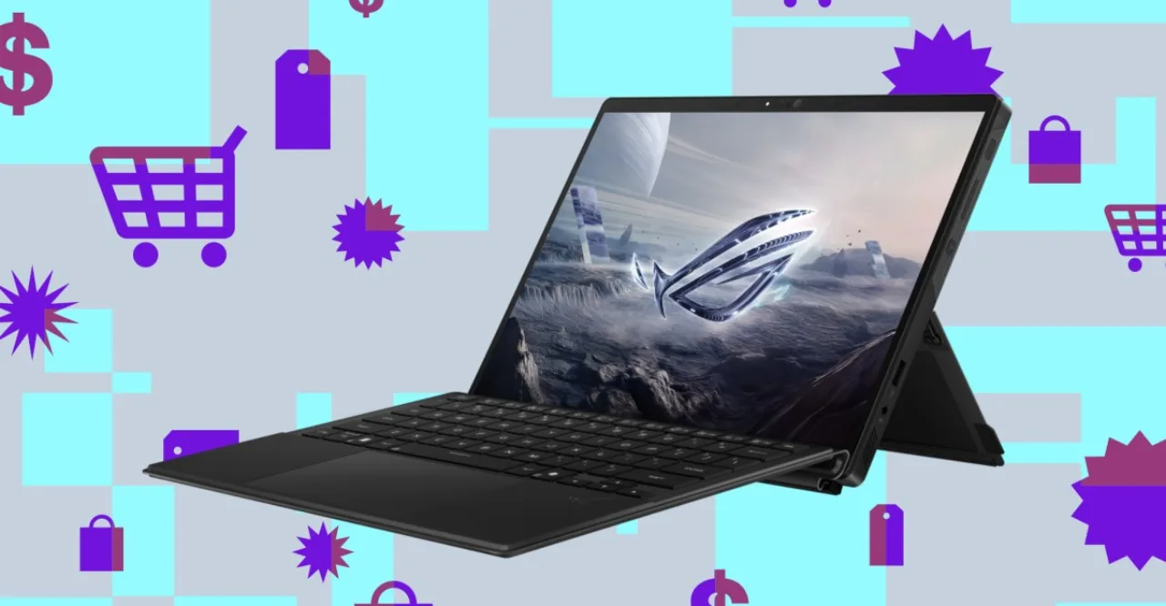 Jovem com roupas de treino, usando o Asus ROG Flow Z13 em modo tablet enquanto faz alongamento com halteres