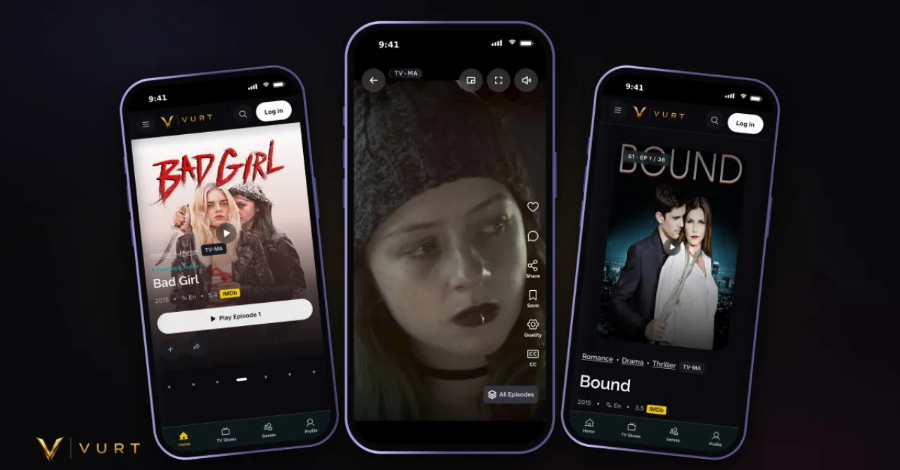 Tela widescreen exibindo vídeo vertical ao lado de um smartphone, com o logo da Vurt sobreposto