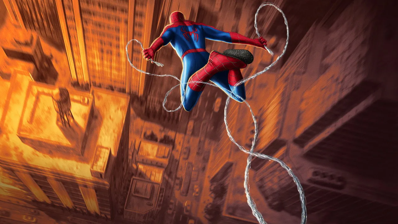 Jovem em leggings faz agachamento com laptop aberto exibindo o trailer de Spider‑Man na tela