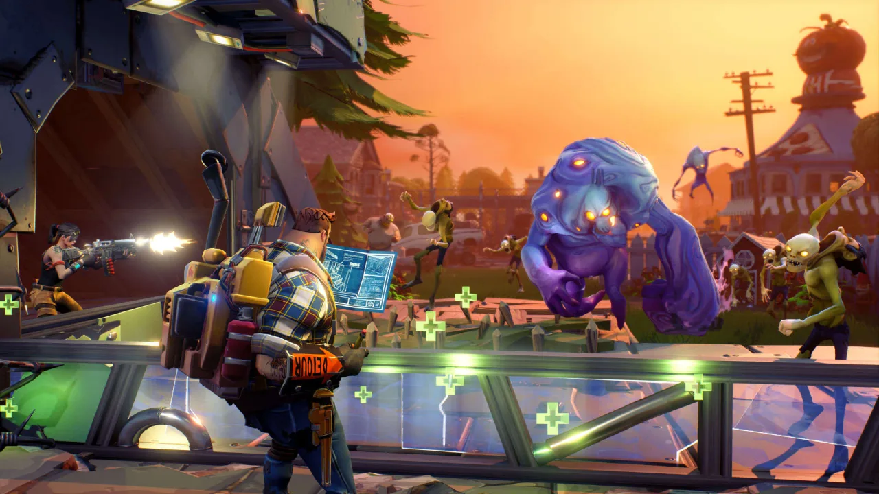 Jovem em roupa de treino levanta halteres ao lado de console, tela exibindo sprites de Fortnite e garrafa d'água