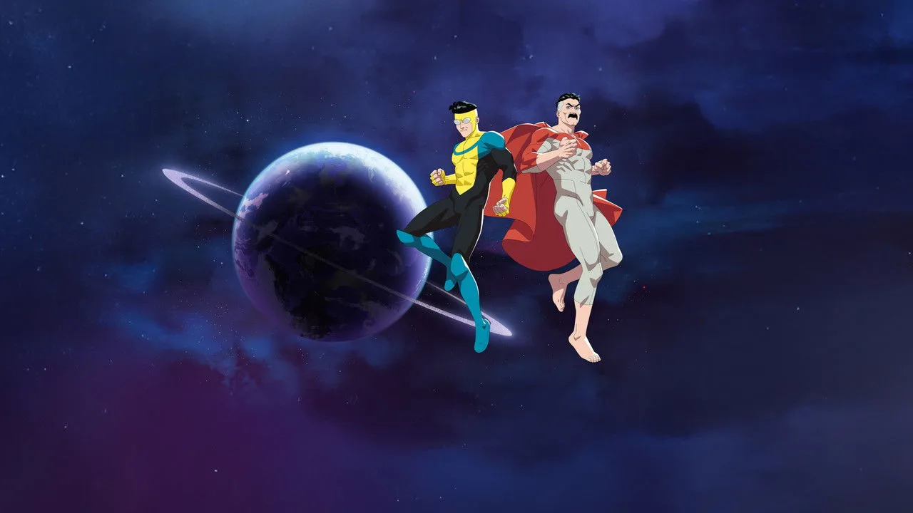 Um atleta musculoso, vestindo camiseta da série “Invincible”, levanta halteres enquanto uma tela mostra a logo da temporada 6