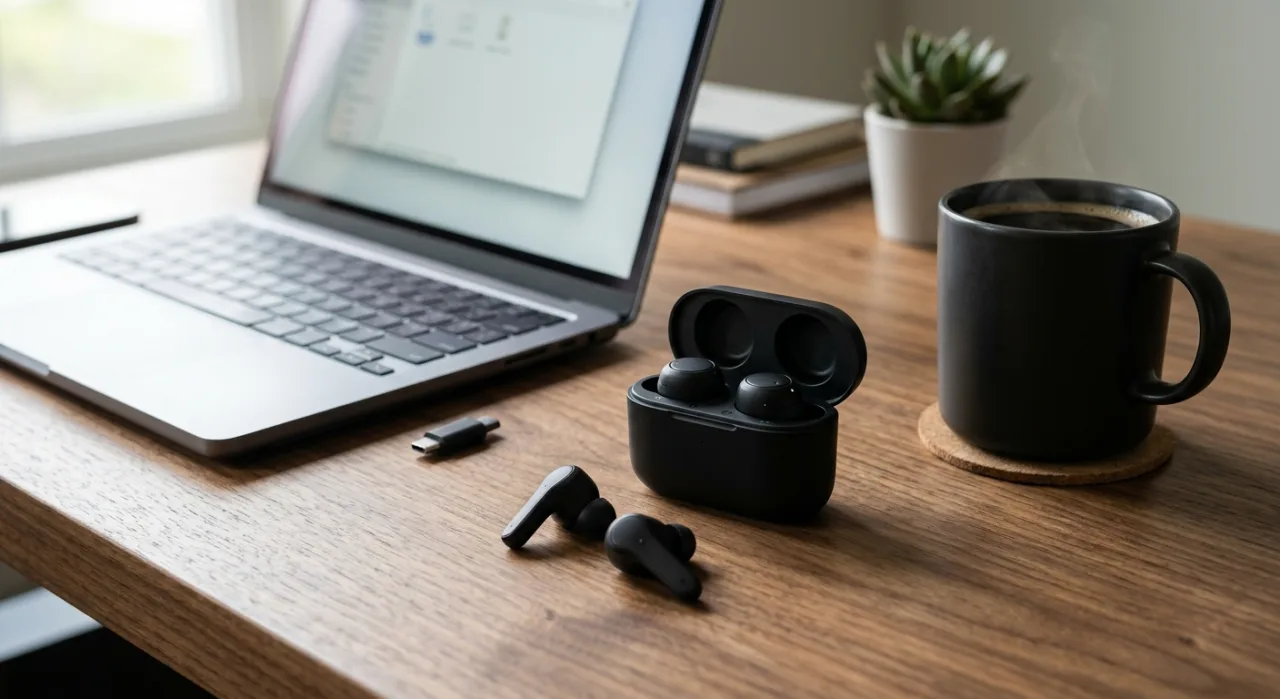 Os earbuds Sony WF-1000XM6 em destaque, com caixa preta e logotipo da Sony ao lado de um selo de desconto