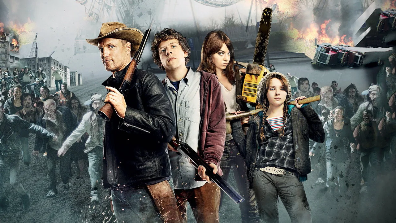 Atleta em leggings faz agachamento no tapete, com TV ao fundo exibindo Zombieland, garrafa d'água e snack saudável