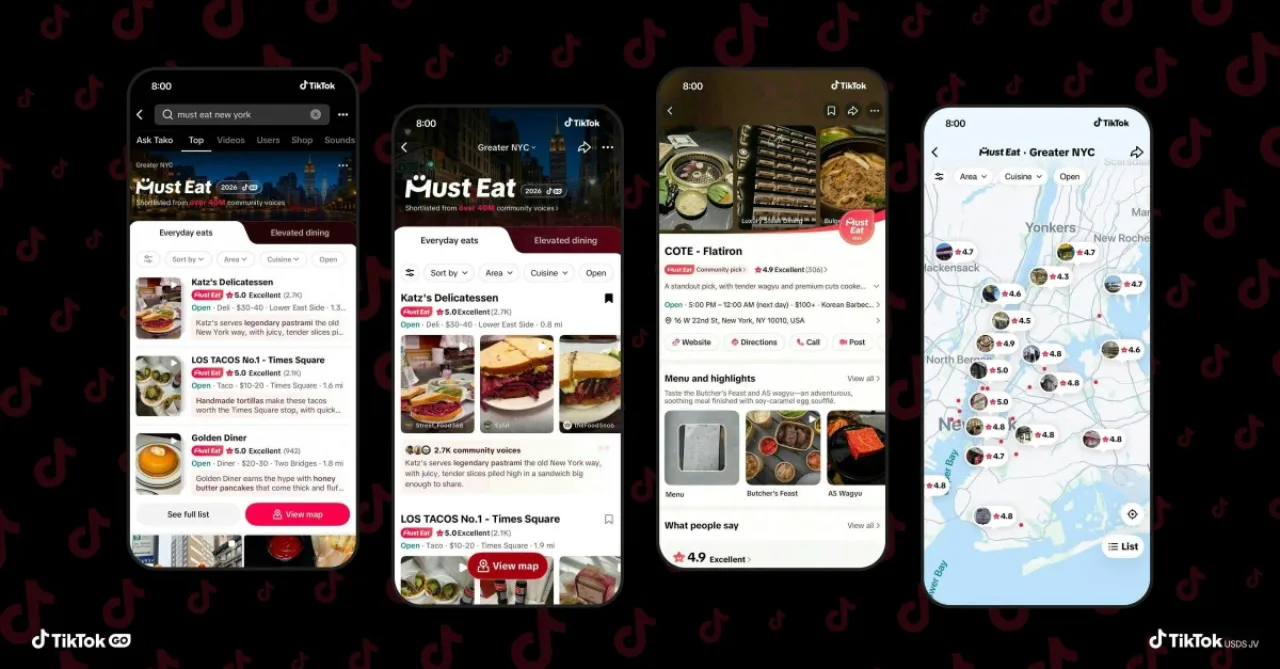 Tela de smartphone exibindo o novo recurso Must Eat do TikTok, com lista de restaurantes e ícones de avaliações