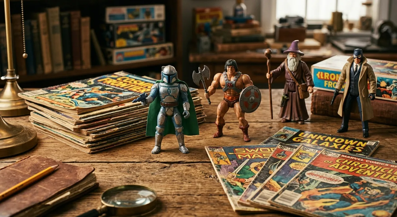 Action figures raras do Spider-Man e Transformers organizadas em estantes iluminadas com foco em detalhes de colecionador