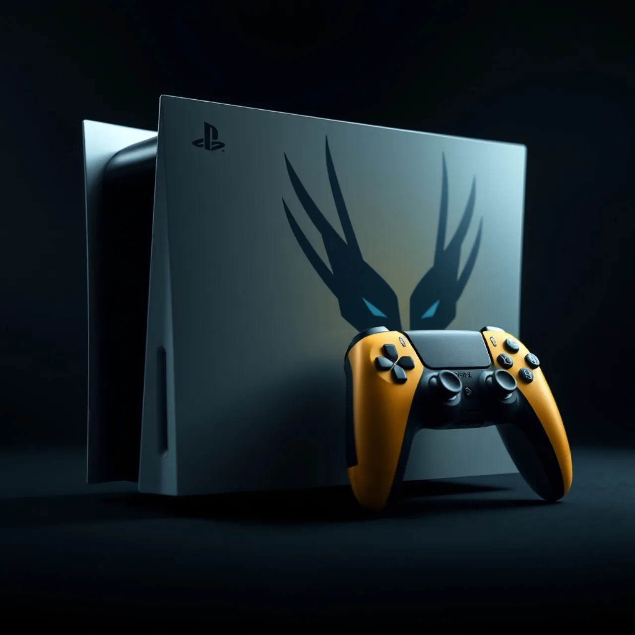 Um jovem em roupa esportiva, segurando o controle PS5 Wolverine, faz agachamento ao lado de um console aberto e halteres