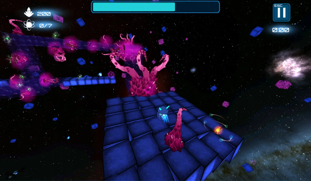 Jovem atleta correndo na esteira, segurando um Nintendo Switch com o jogo “Neosphere of the Deep‑Blue Sky” na tela