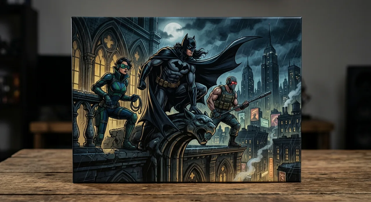 Tabuleiro de jogo sobre mesa com miniaturas do Batman, dados e cartas, simulando uma partida cooperativa intensa