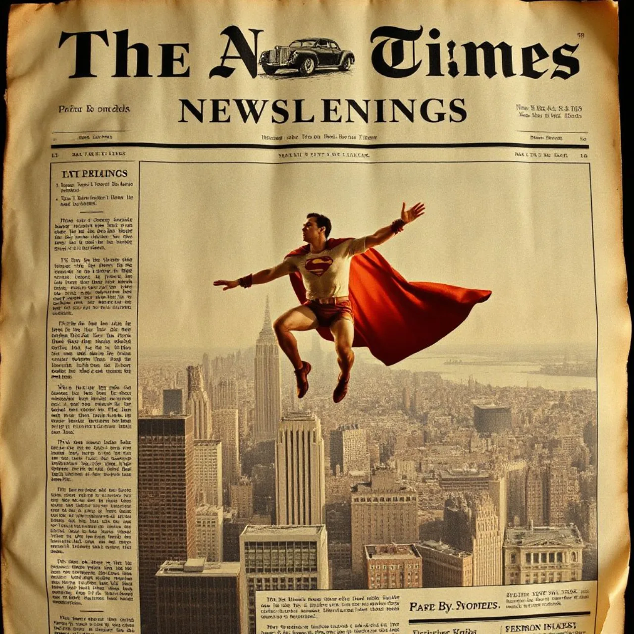 Homem musculoso faz flexão com capa vermelha e segurando halteres azuis, ao fundo pôster vintage do Superman