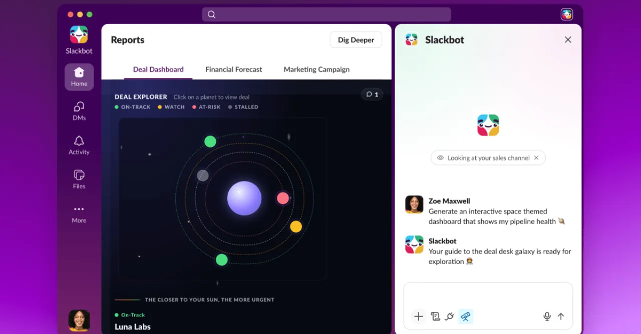 Tela do Slack exibindo um Surface com gráficos, ícones do Google Drive e Salesforce e o logo da plataforma