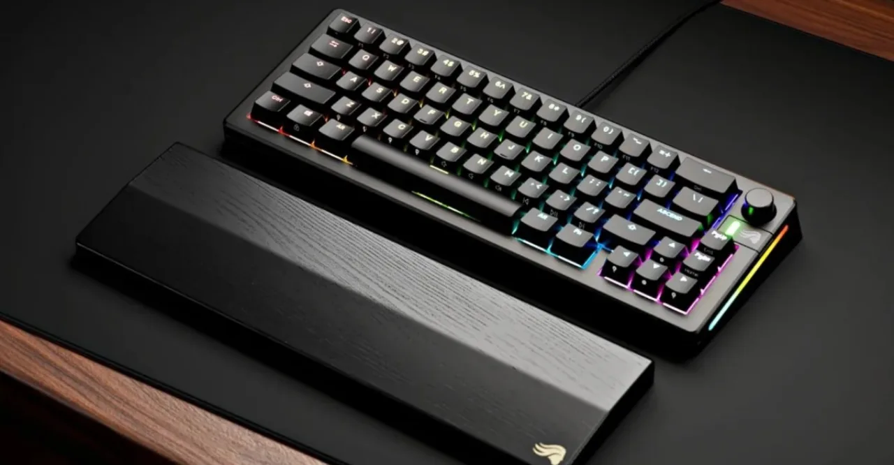 Teclado mecânico Glorious GMMK 3 sobre mesa, com switches desmontados e keycaps coloridos ao lado