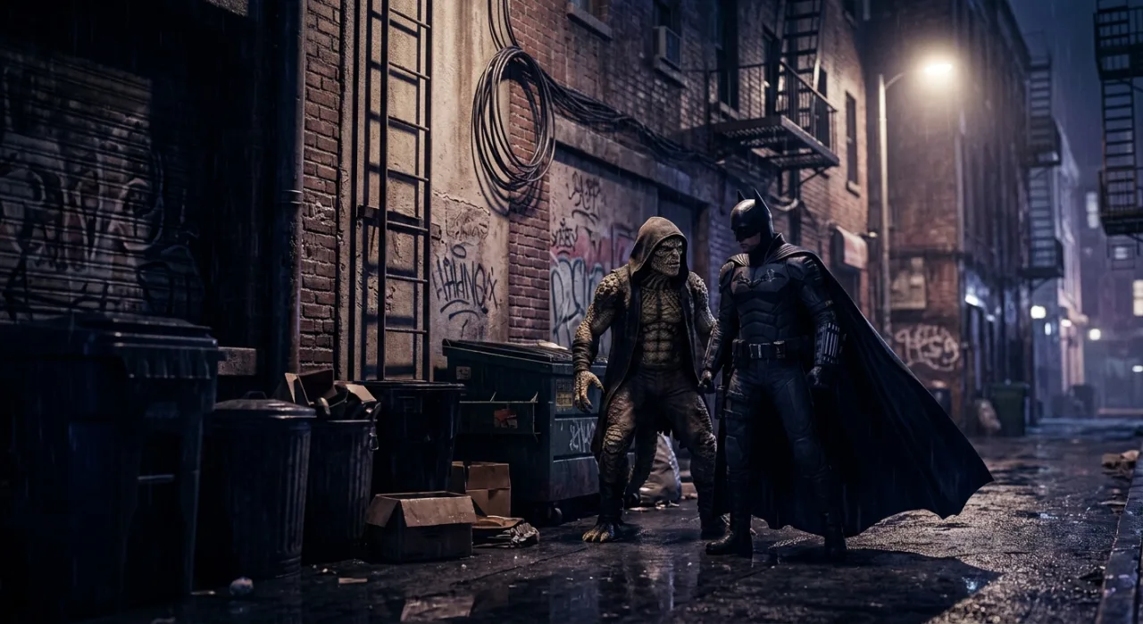 Homem em camiseta do Batman levanta halteres verdes ao lado de um croc escamado de espuma