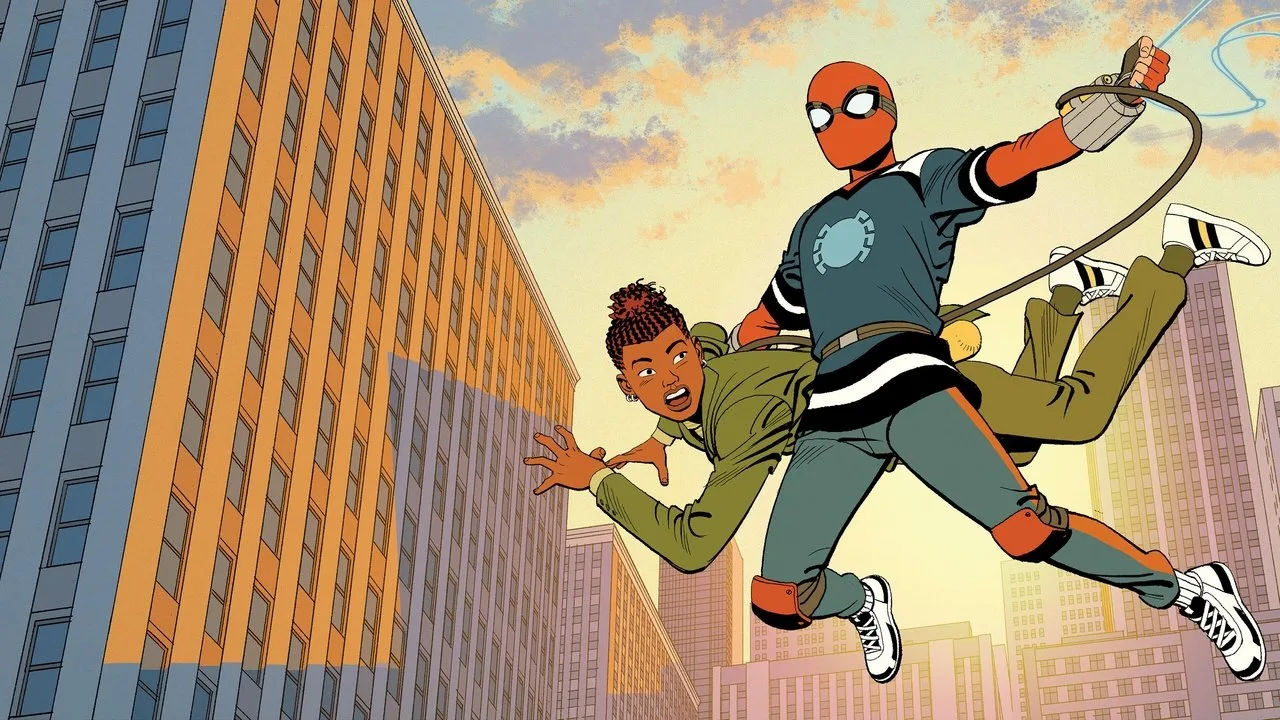 Homem em roupa de treino azul com luvas vermelhas segurando barra de pull‑up, ao fundo um poster do simbionte do Spider‑Man