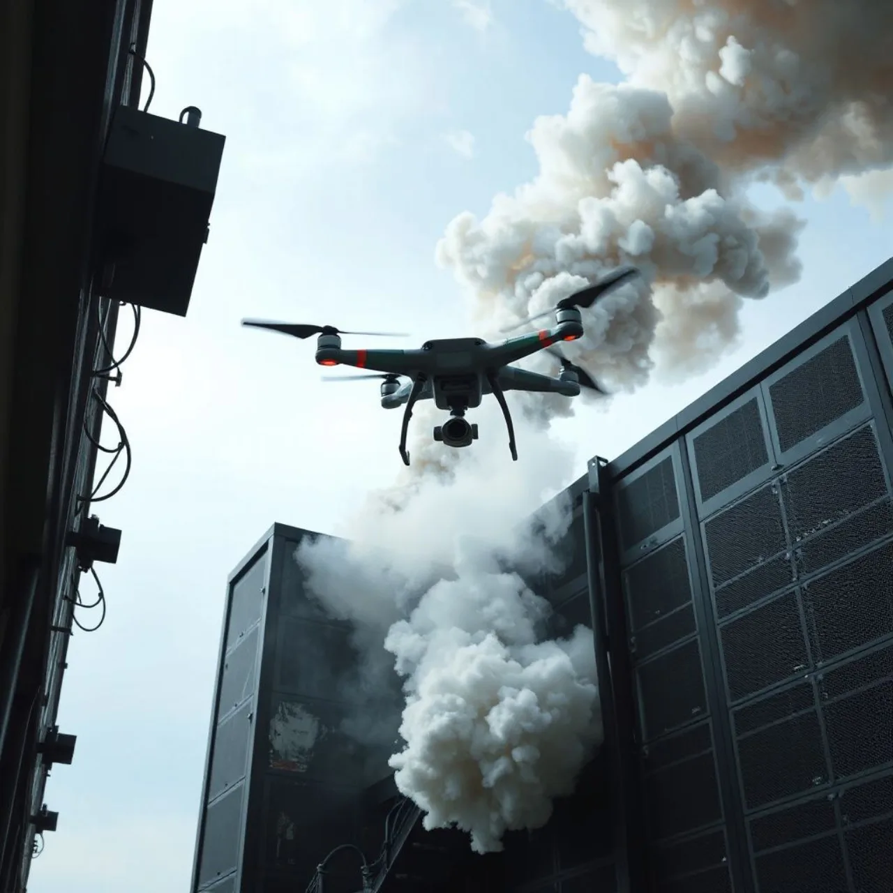 Data center da Yandex em chamas, fumaça densa e drones sobrevoando o prédio ao fundo