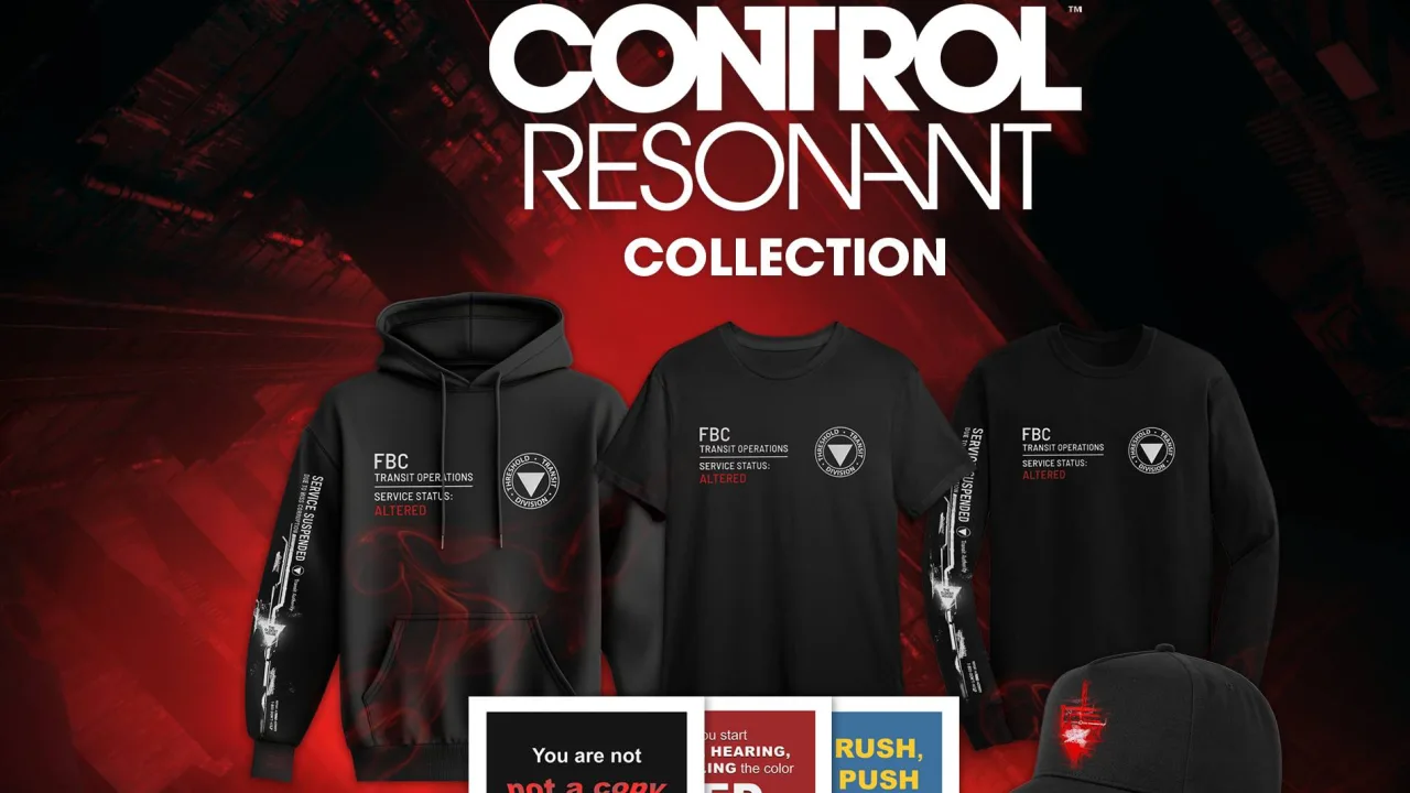 Camisa com arte corrompida, pôster do FBC, xícara do Atlantis Café e ímãs colecionáveis da coleção Control Resonant