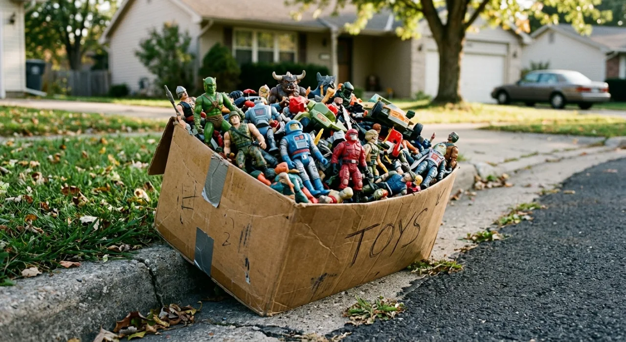 Jovem fazendo agachamento segurando a caixa de Transformers dos anos 80, com brinquedos coloridos à vista