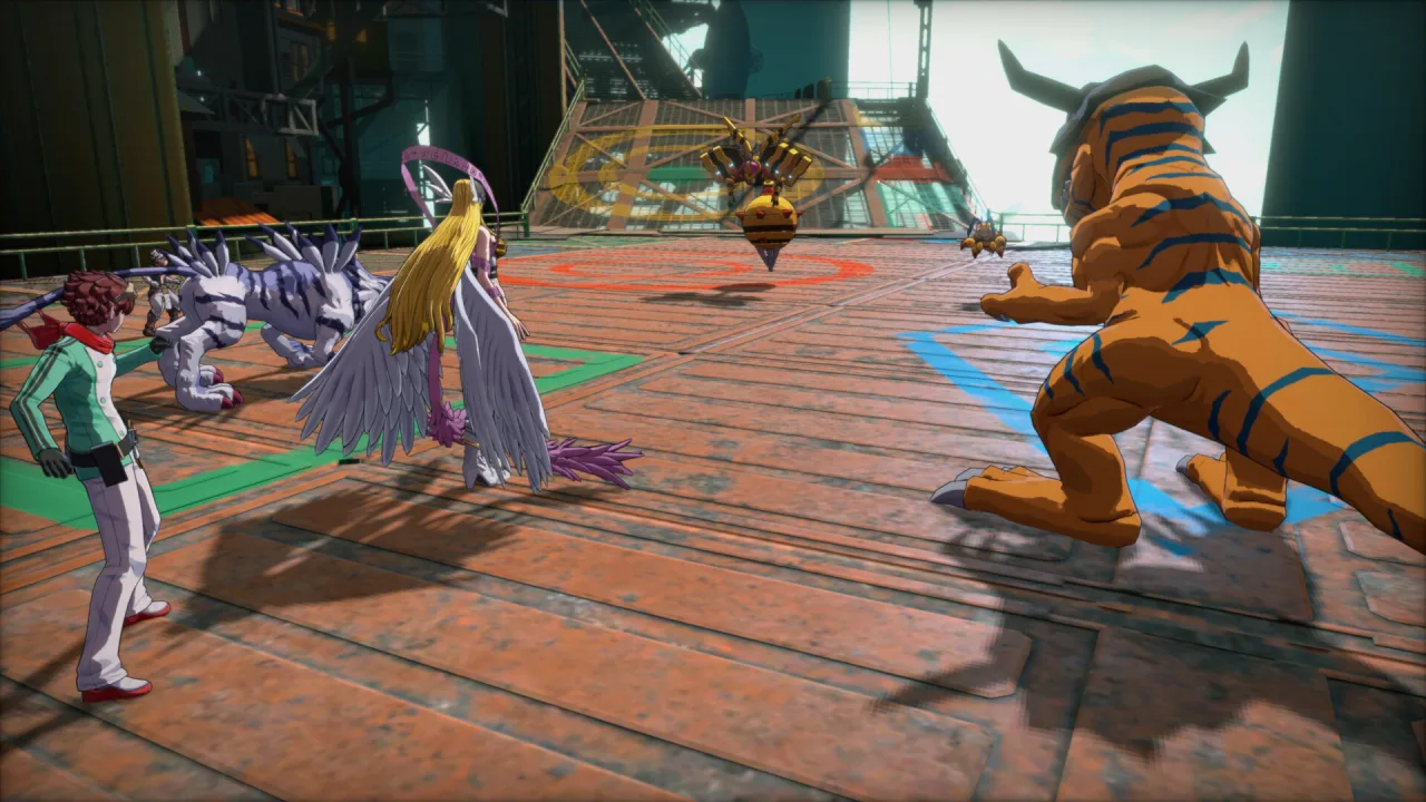 Jovem fazendo agachamento com halteres, enquanto na TV aparece o trailer de Digimon Story Time Stranger