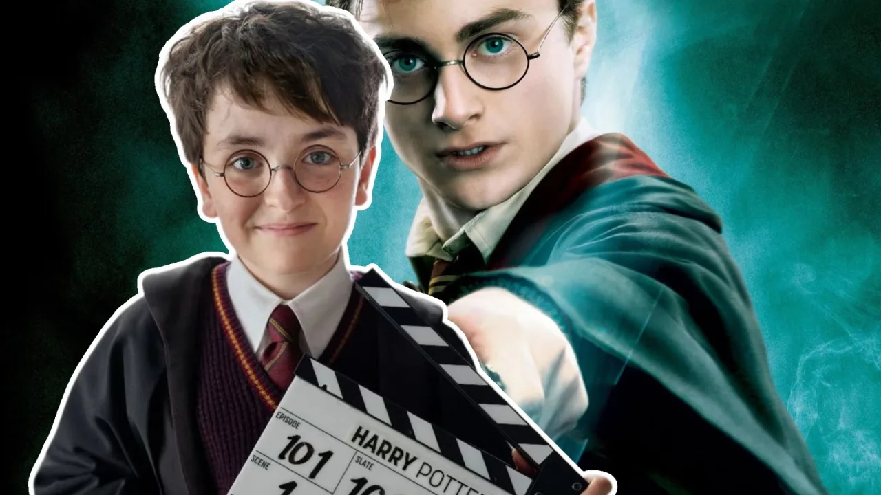 Cenário de Hogwarts ao entardecer com o logo da HBO e a varinha de Harry em destaque