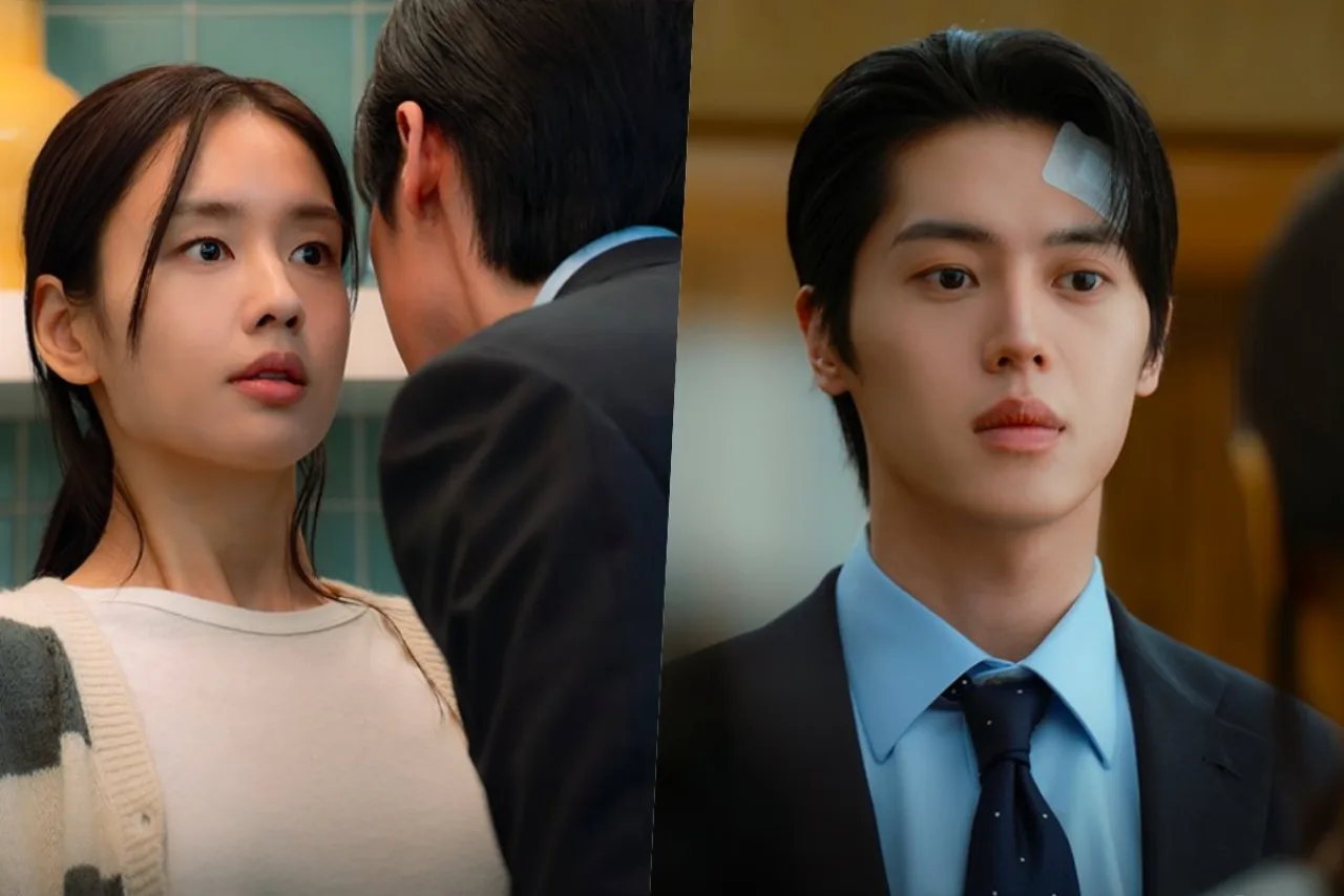 Ahn Eun Jin e Lee Joo Ahn abraçados na neve sob luz de rua, com a logo KBS2 ao fundo