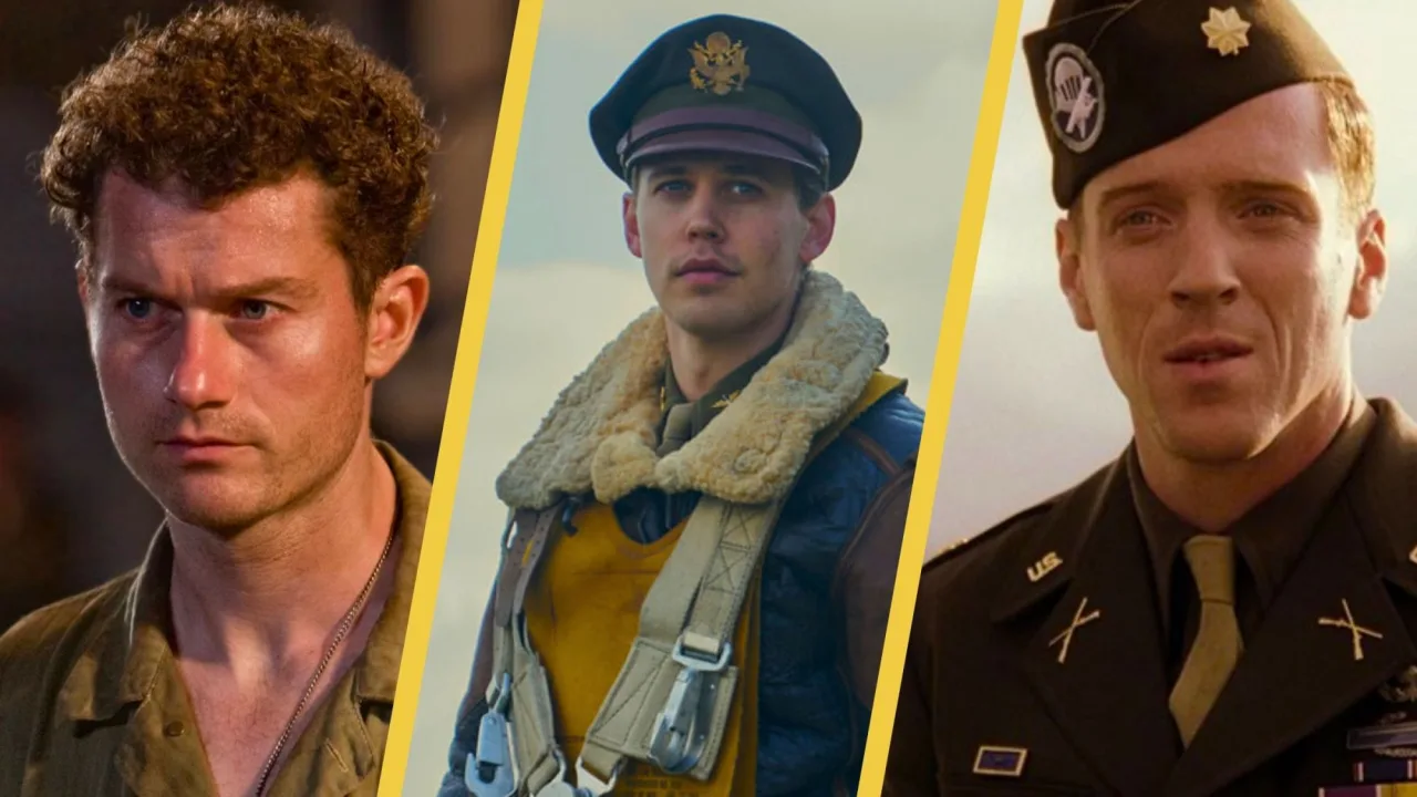 Homem fazendo flexão em sofá, com TV exibindo cenas de batalha de Band of Brothers ao fundo