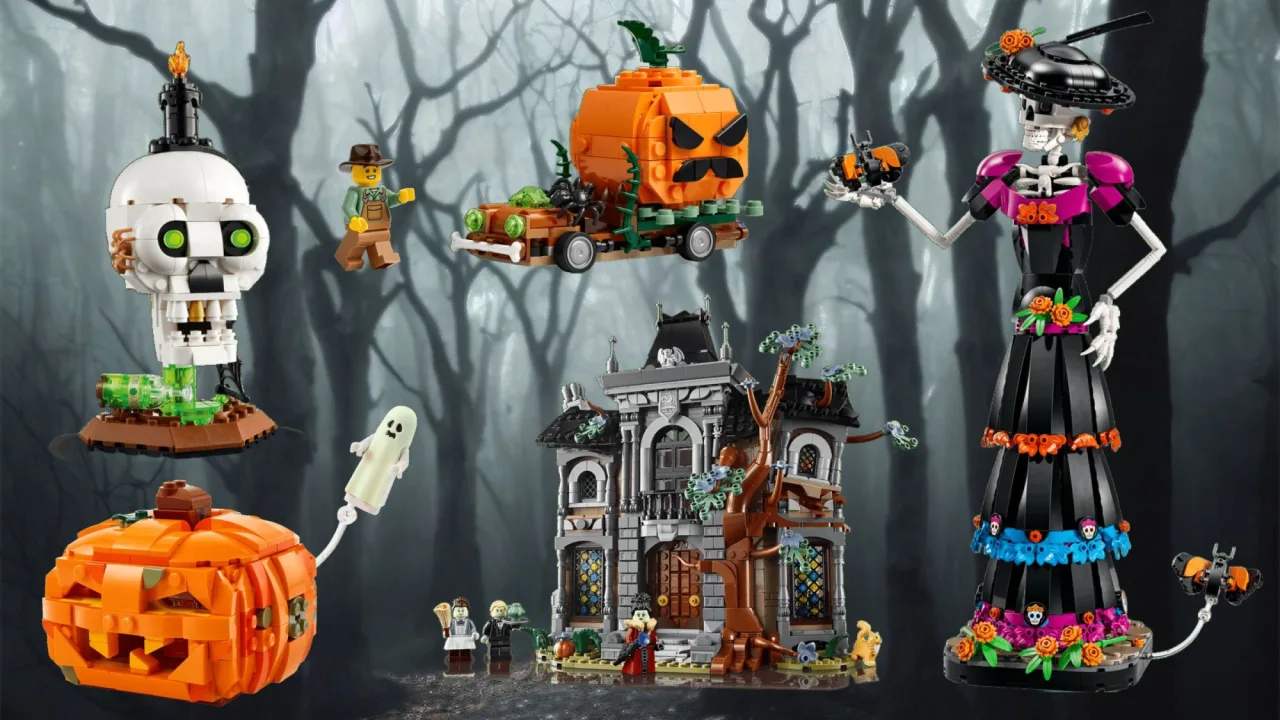 Conjunto LEGO Halloween 2026 com casa assombrada, minifiguras de bruxa e fantasma, abóboras e teia de aranha
