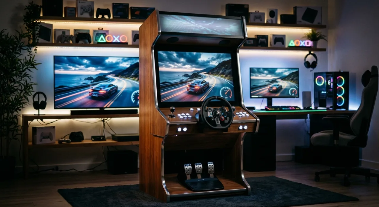 Cabine arcade de Ace Driver Victory Lap ao lado dos logos do Switch, PS5 e Xbox Series X, com o selo Arcade Archives