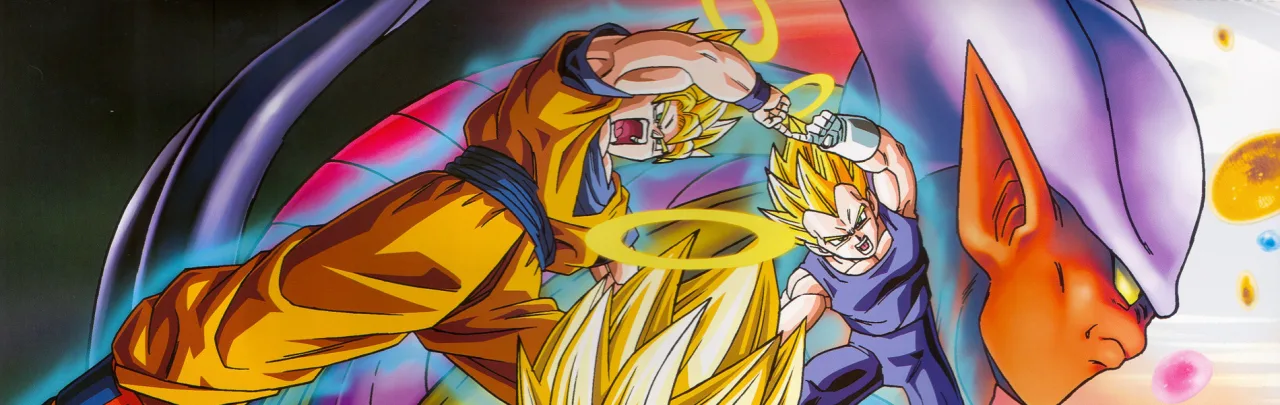 Homem musculoso em traje azul, levantando halteres ao estilo Saiyan, com pôster da mãe de Vegeta ao fundo