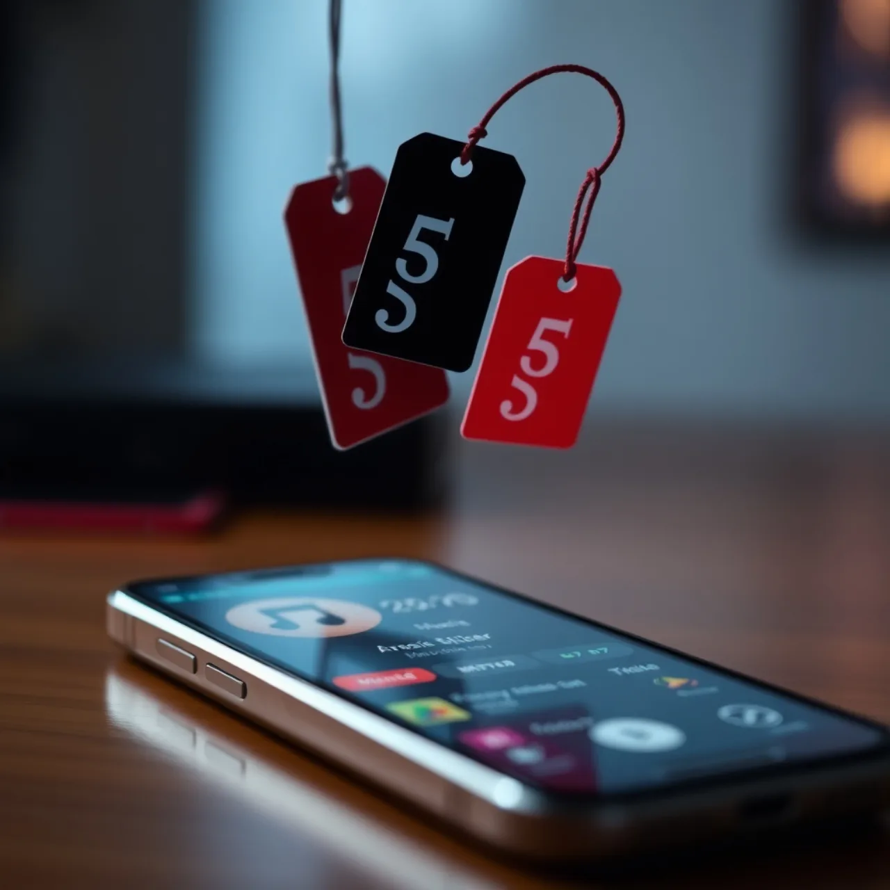 Fones de ouvido brancos sobre um iPhone exibindo a tela de assinatura do Apple Music, ao lado de uma maçã cortada