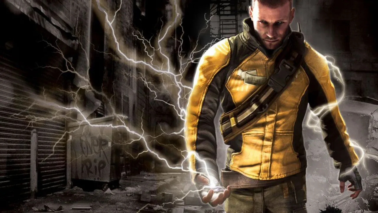 Controle de PlayStation 5 próximo a raios elétricos estilizados e o logo da franquia inFAMOUS em fundo neon azul