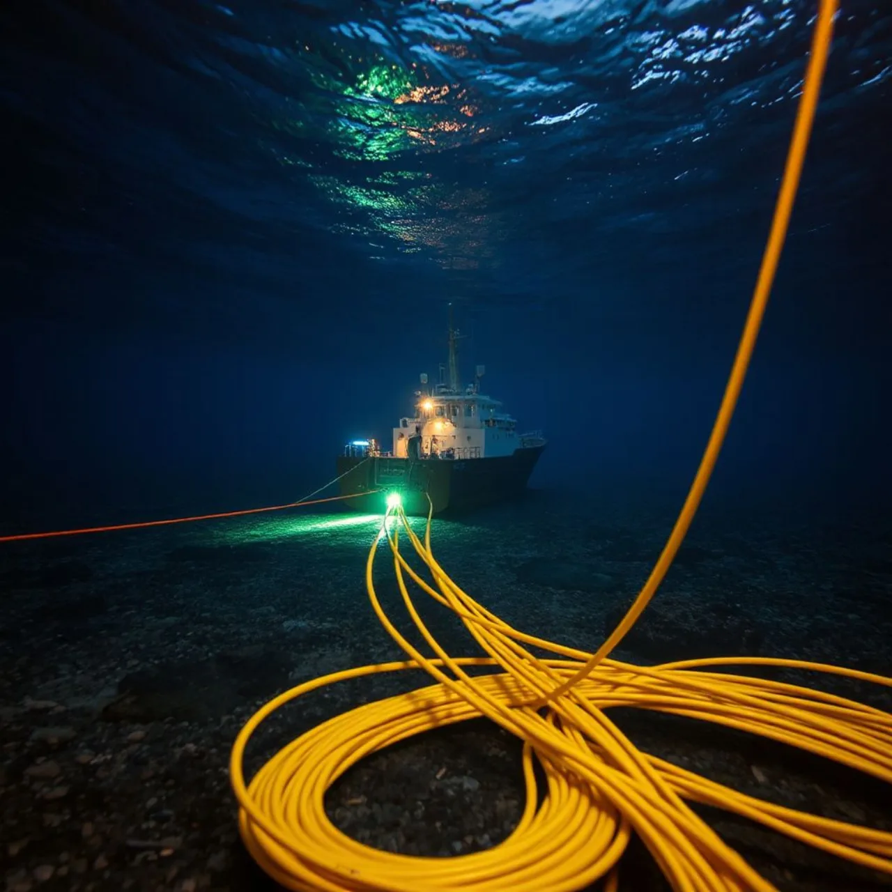 Navio de pesquisa chinês ao lado de um mapa digital mostrando cabos submarinos iluminados cruzando o Pacífico