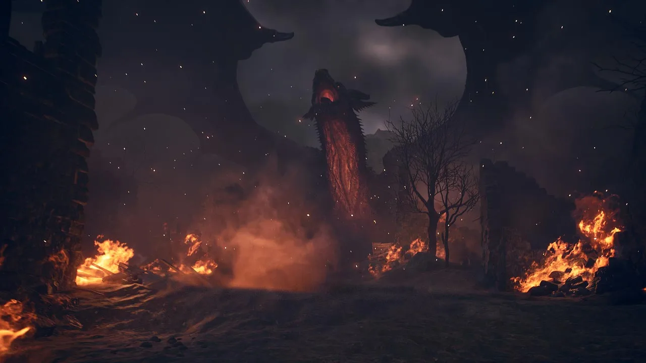 Homem faz flexões na sala, segurando um controle de Dragon’s Dogma 2, enquanto uma tela exibe a expansão Dark Arisen