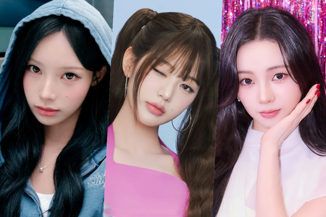 Woni (RESCENE), Jang Won Young (IVE) e Karina (aespa) ao lado de um gráfico de barras mostrando pontos de reputação