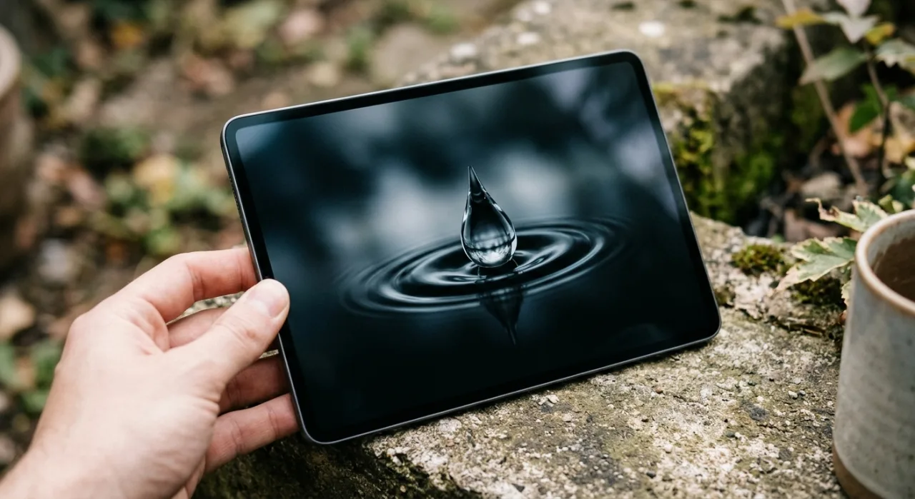 iPad mini 8ª geração com tela OLED de 8,5″ exibindo cores vibrantes e logo da Apple em fundo neutro