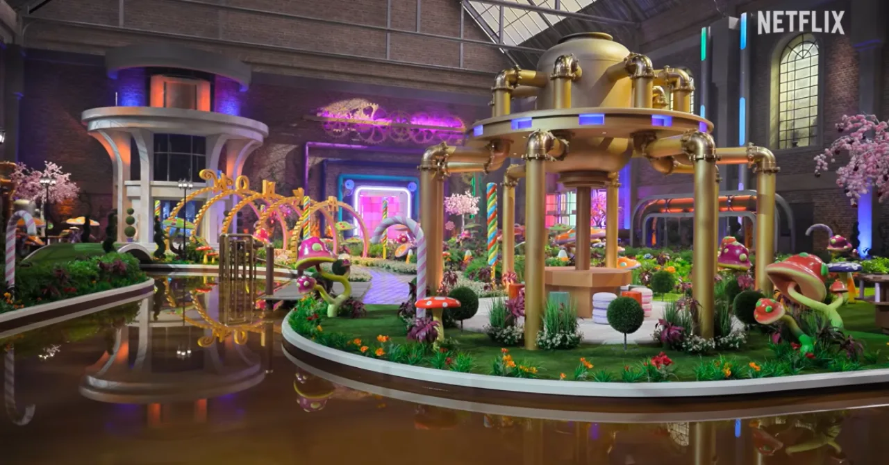 Pessoa correndo na esteira com fones, enquanto a tela da Netflix mostra Wonka ao fundo