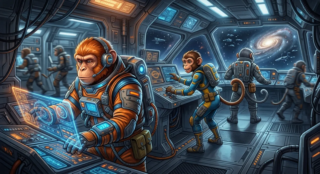 Captain Simian em traje espacial lidera os macacos astronautas ao lado da nave colorida, com o logo da série ao fundo